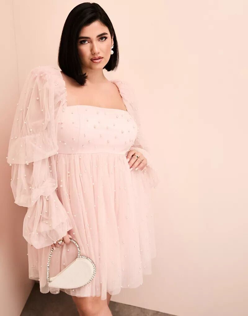 

Платье в стиле бэби-долл ASOS Curve из розового тюля с жемчужной отделкой