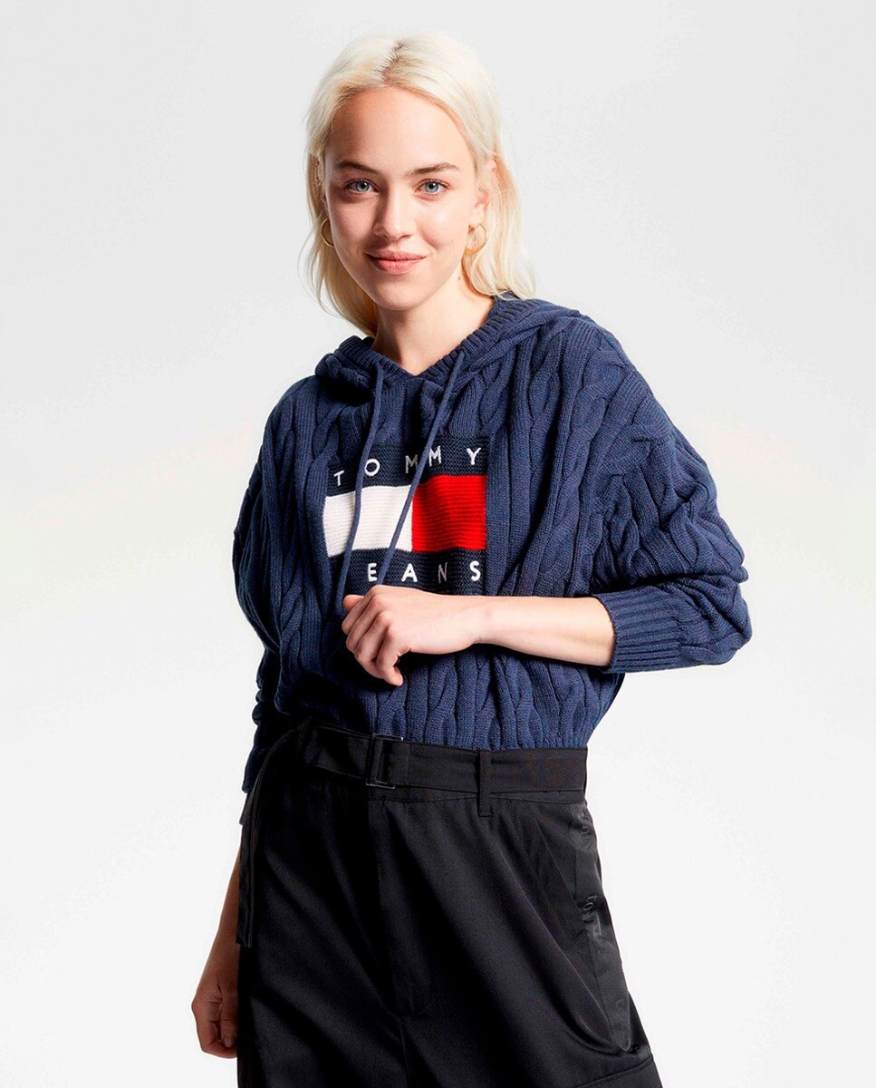 

Женский свитер косой вязки с капюшоном Tommy Jeans, темно-синий