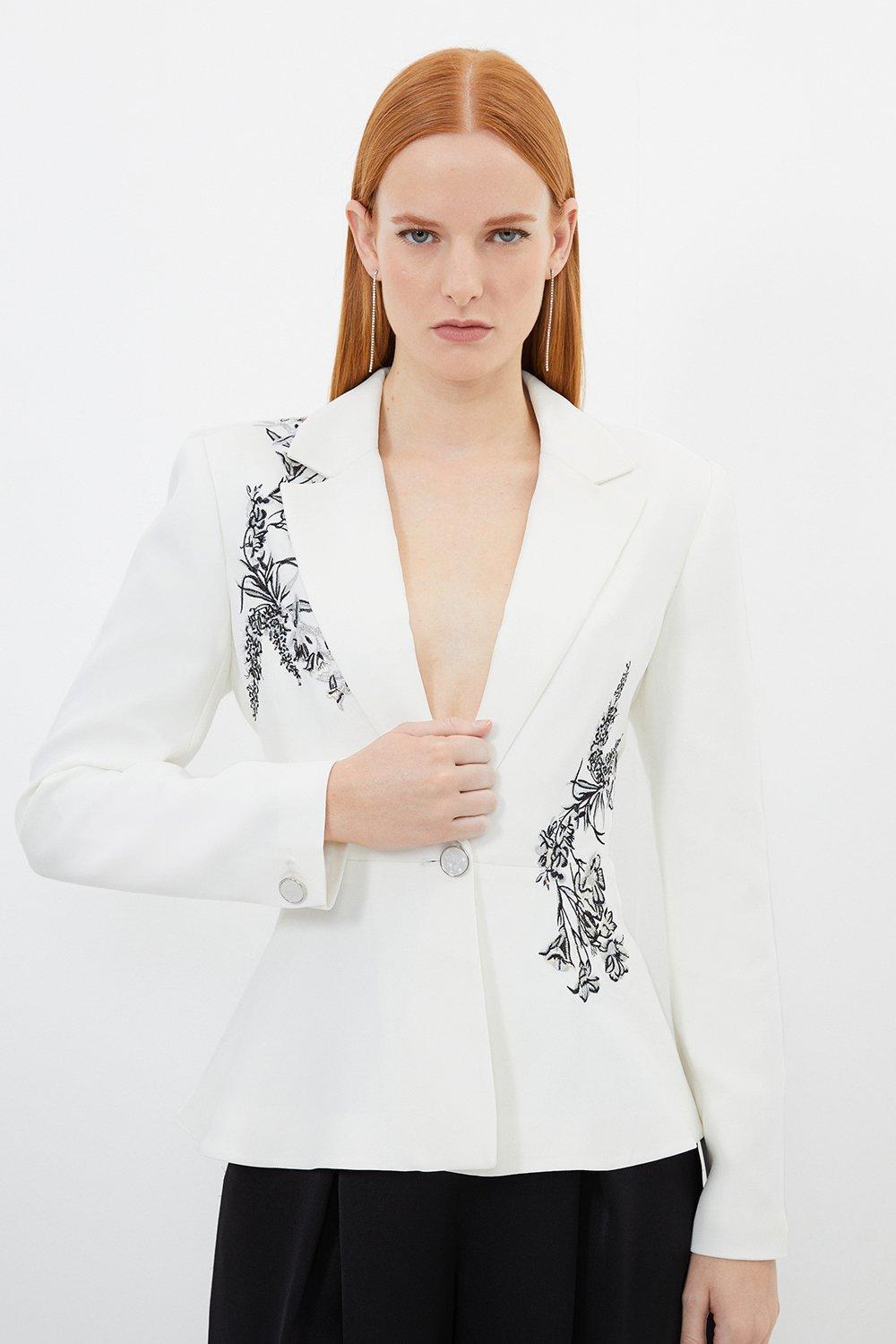 Компактный пиджак из вискозы Petite с вышивкой и баской Karen Millen, белый