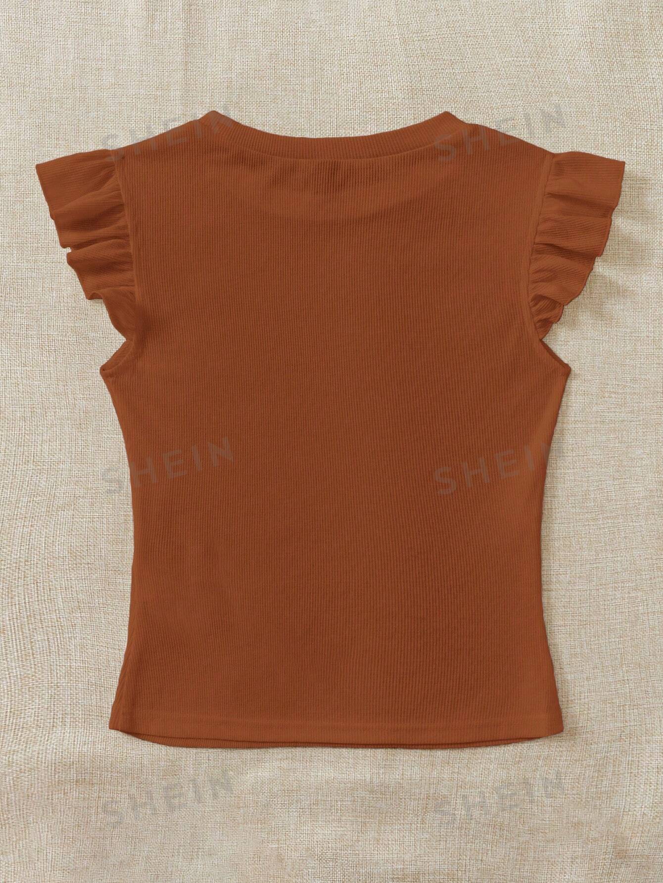 SHEIN WYWH трикотажная однотонная женская футболка с круглым вырезом и короткими рукавами, коричневый