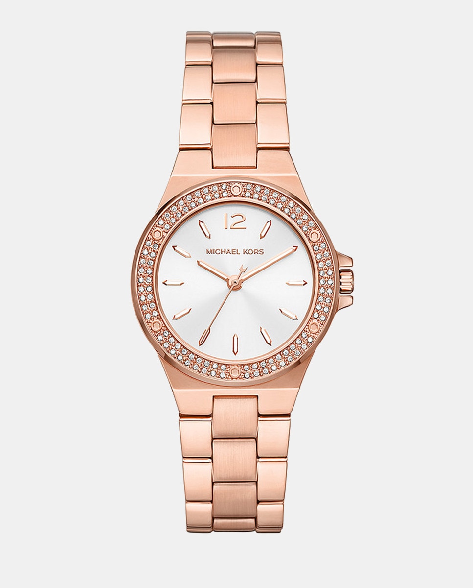 Lennox MK7279 розовые женские часы из стали Michael Kors, белый poche серебристый браслет с карабином розового цвета и звеньями с эмалью