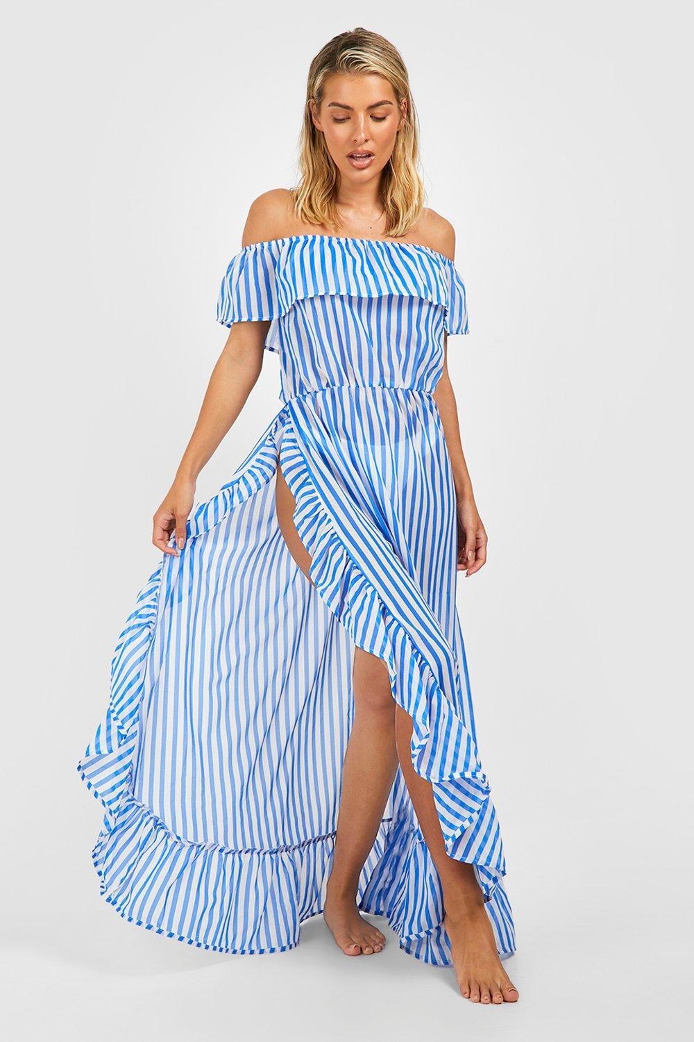 

Пляжное платье макси с разрезом на плечах в морской полоске Boohoo, синий