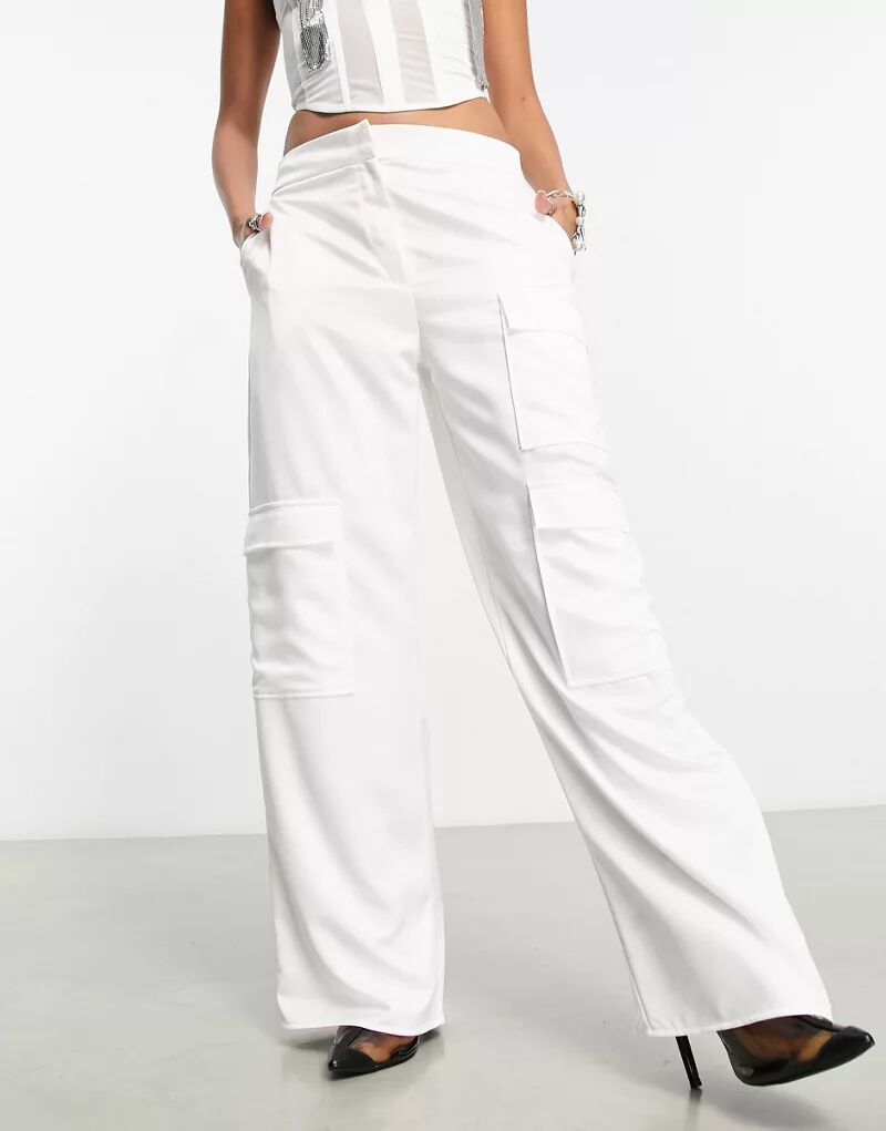 Белые атласные широкие брюки-карго COLLUSION