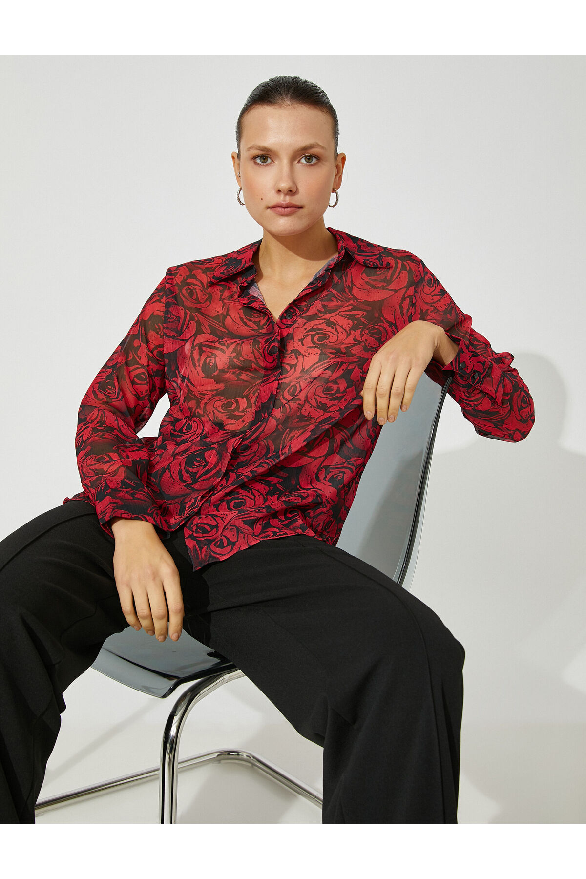 Шифоновая рубашка с длинным рукавом на пуговицах Koton, красный рубашка женская шифоновая на пуговицах с длинным рукавом