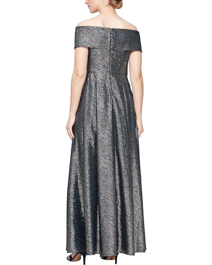 

Платье Alex Evenings Stretch Jacquard Off The Shoulder Ballgown with Full Skirt and Pockets, цвет Navy Gold