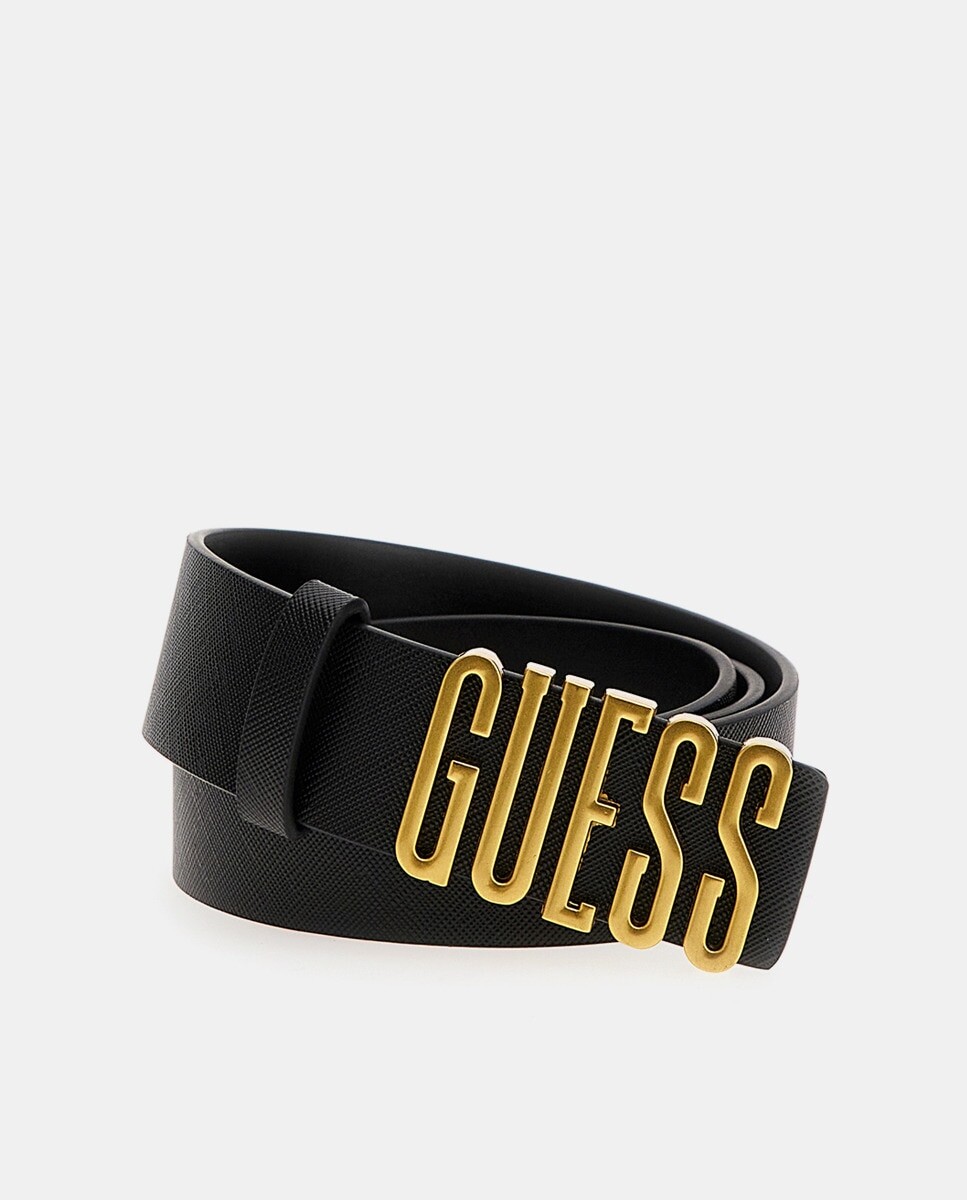 

Черный ремень с золотой пряжкой с логотипом Guess, черный