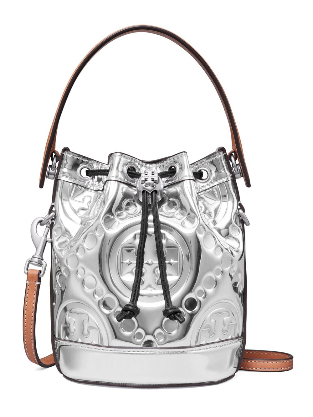 

Миниатюрная сумка-мешок T с тиснением Monogram Metallic Tory Burch, серебряный