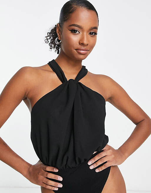 

Черное боди с узлом на спине и деталями ASOS DESIGN Petite