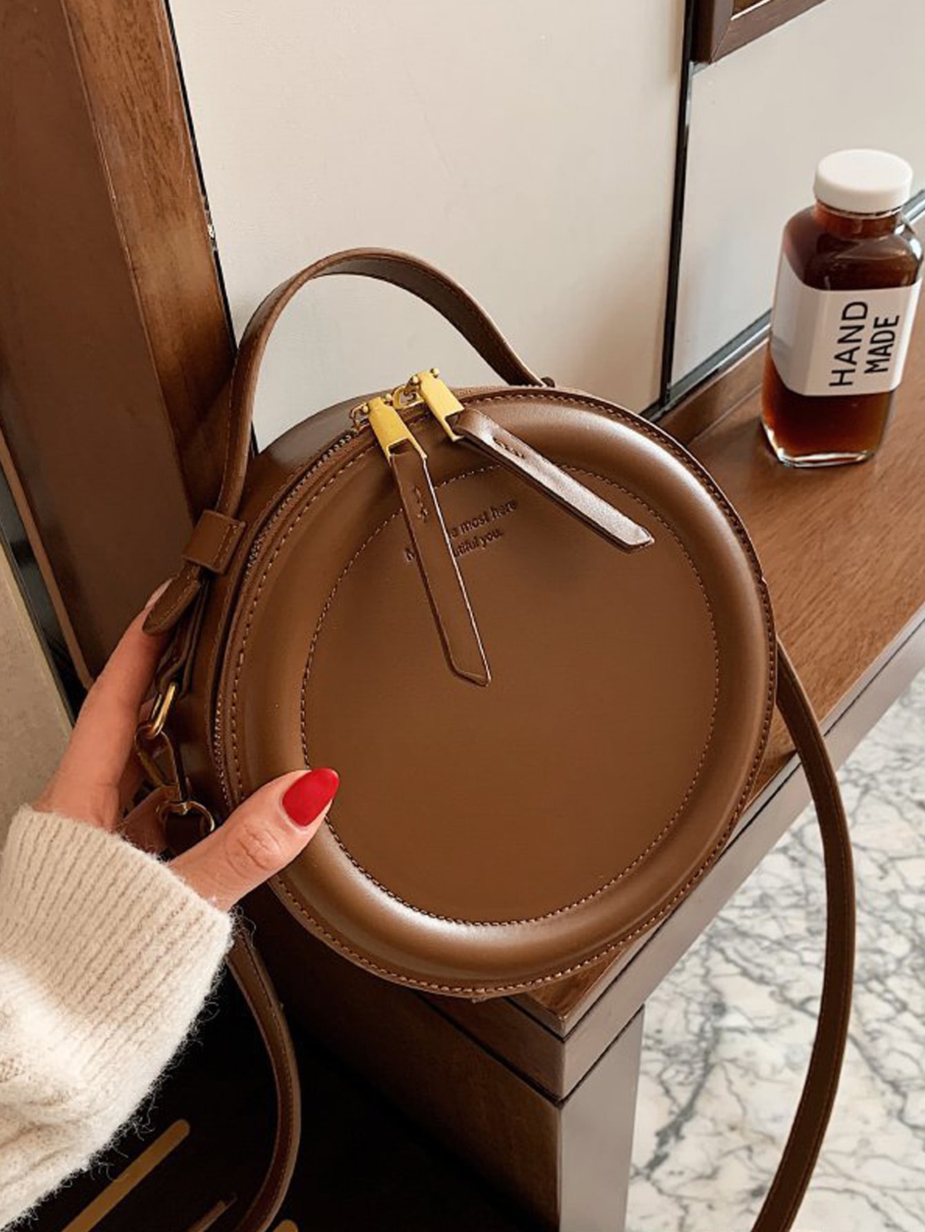 Круглая дизайнерская женская сумка, кофейный коричневый