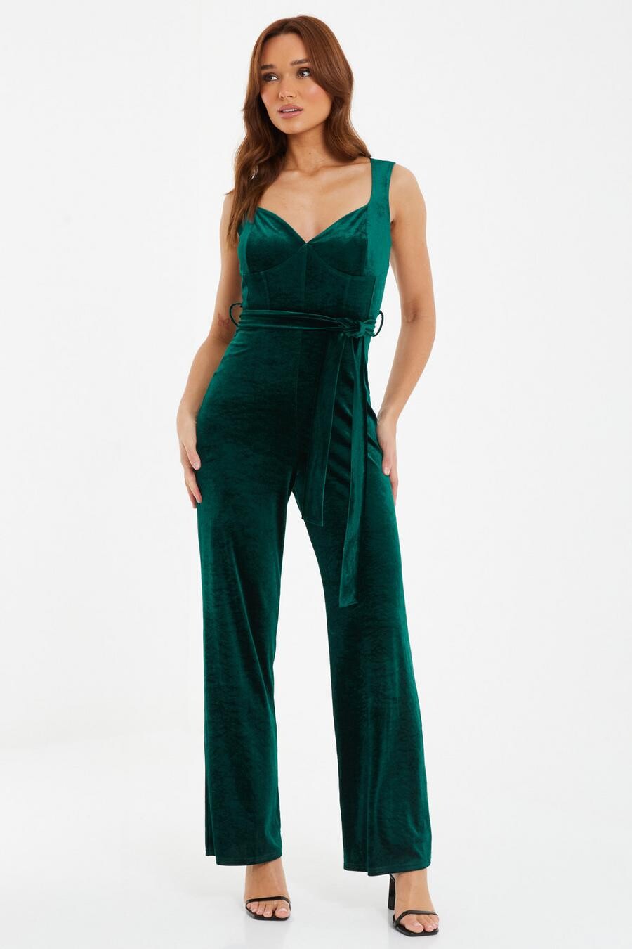 

Комбинезон-палаццо из бархата бутылочно-зеленого цвета QUIZ Clothing