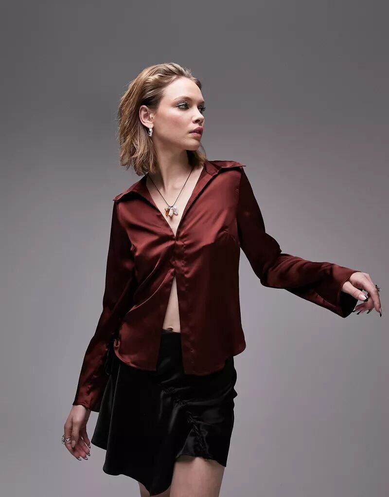 

Атласная рубашка приталенного кроя Topshop шоколадно-коричневого цвета, Серый