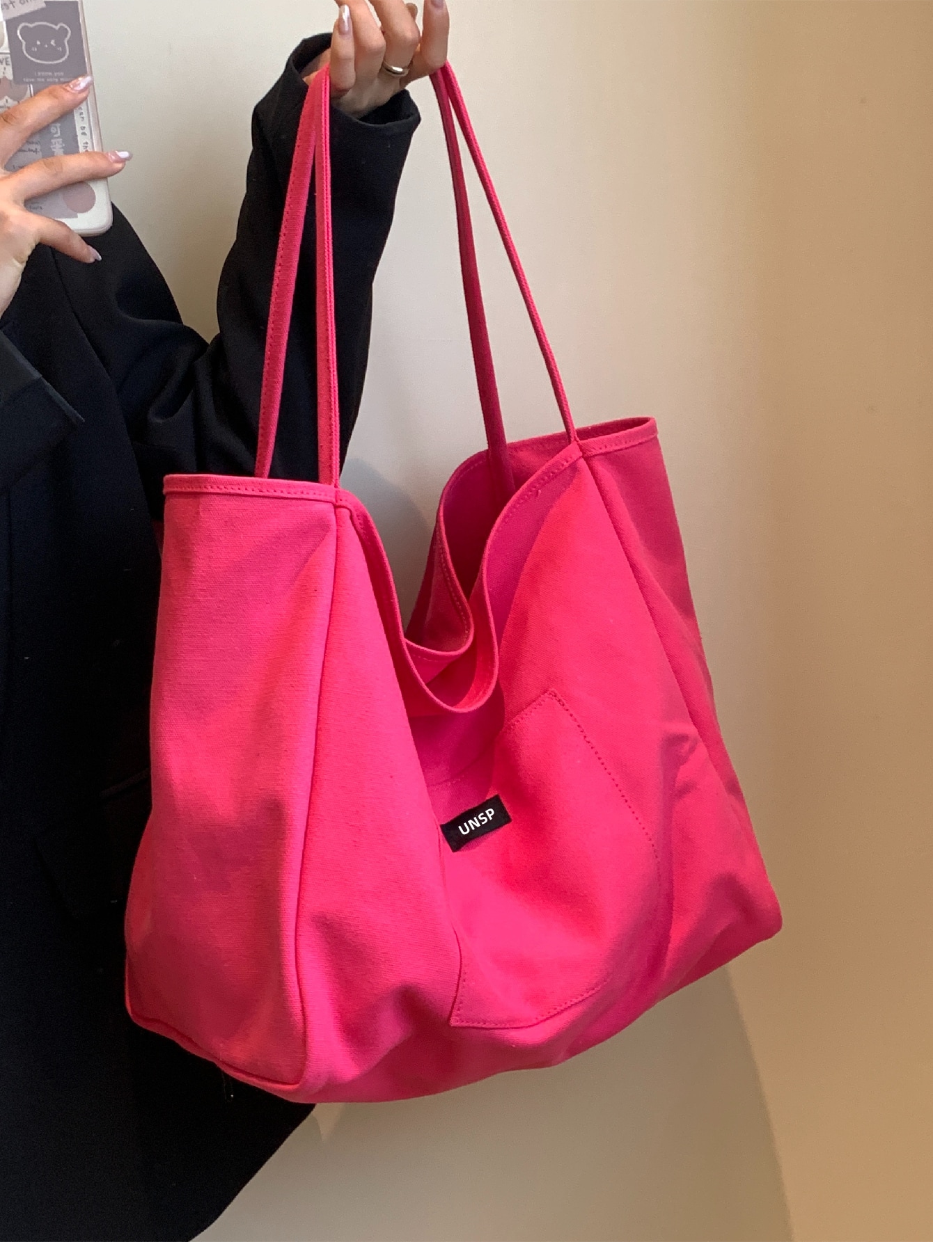 Женская однотонная модная парусиновая сумка для покупок на одно плечо, ярко-розовый