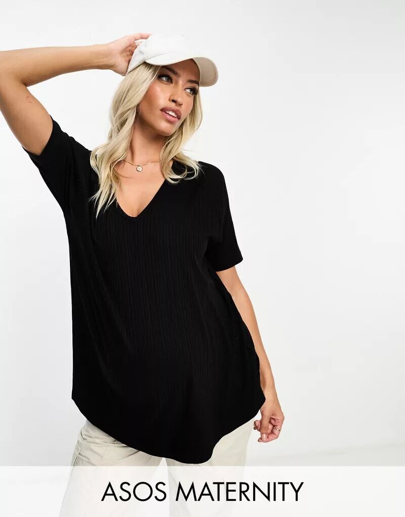 

Черная объемная футболка в рубчик с v-образным вырезом ASOS DESIGN Maternity, Черный