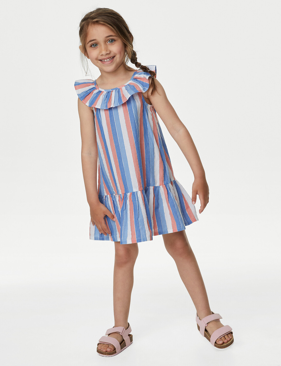 

Хлопковое платье с оборками в полоску (2–8 лет) Marks & Spencer, мульти