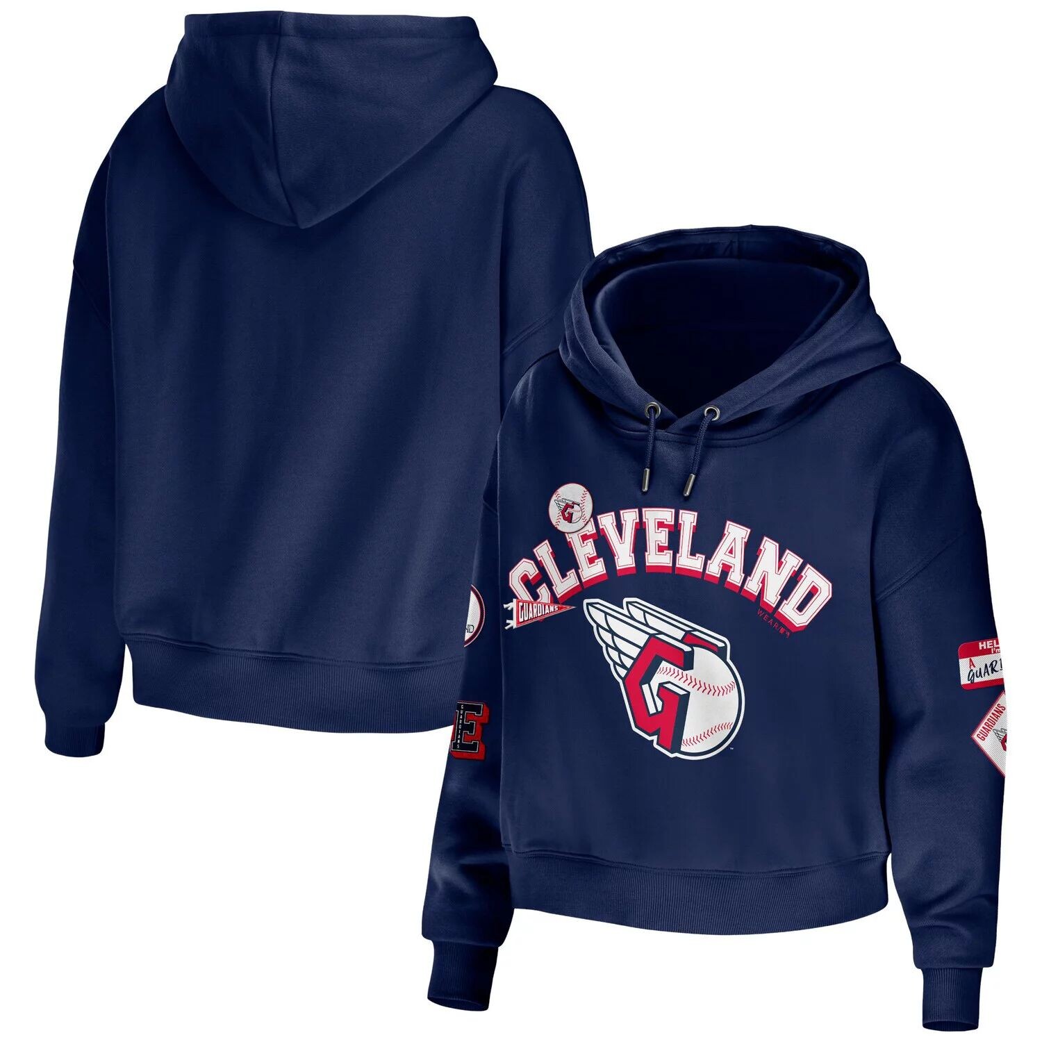 

Женская WEAR by Erin Andrews Темно-синий укороченный пуловер с капюшоном Cleveland Guardians Modest Patches