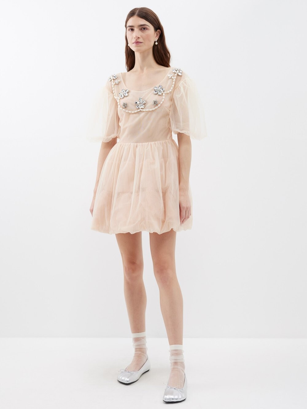 

Платье мини из тюля, украшенное кристаллами Simone Rocha, бежевый