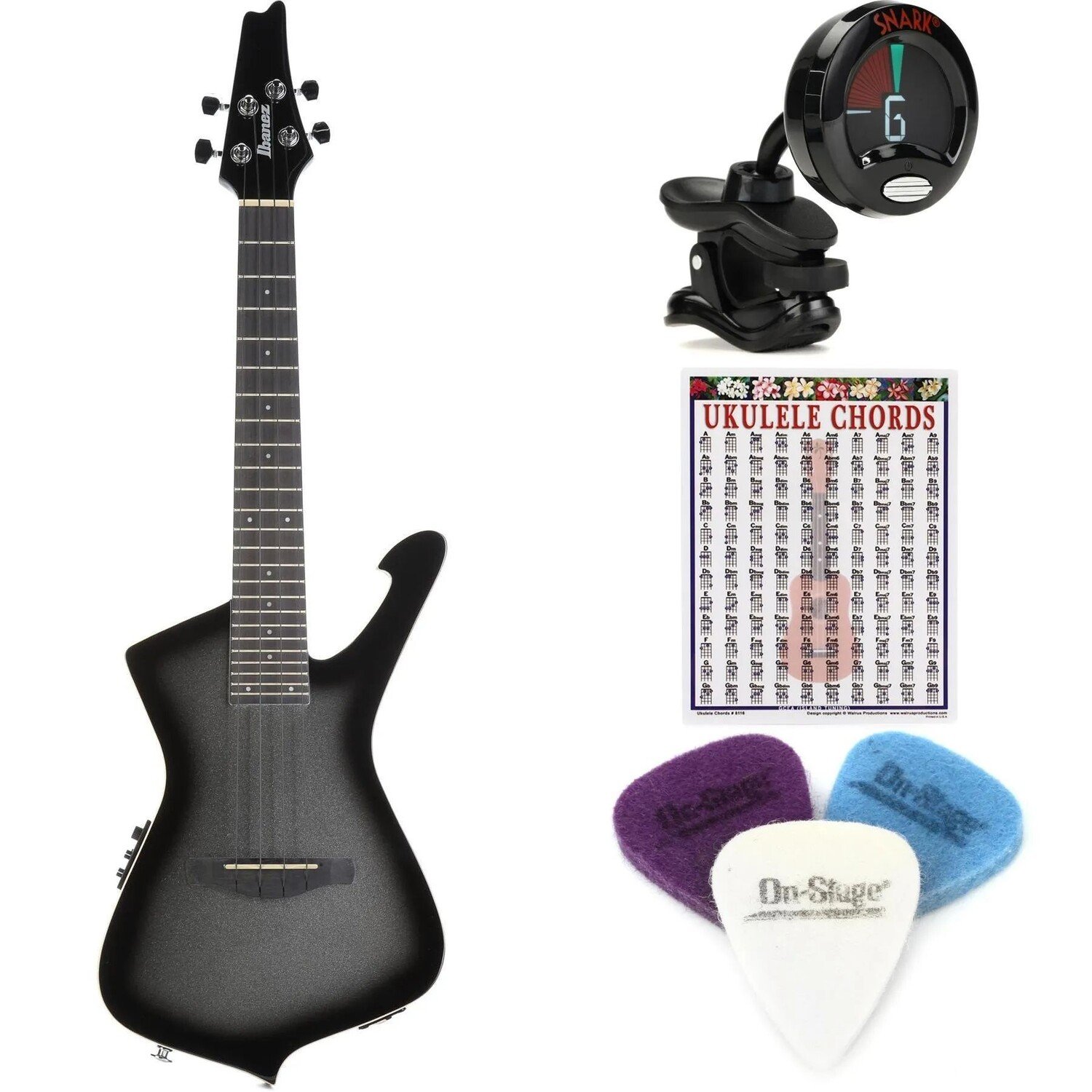 

Новый комплект Ibanez UICT100MGS Iceman Electric Tenor Ukulele Essentials Bundle — серый металлик Sunburst