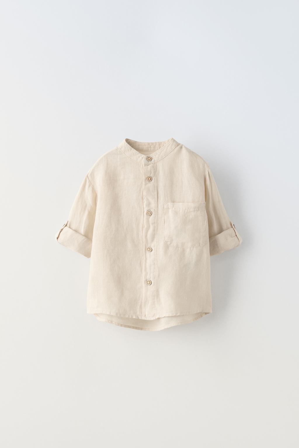 Льняная рубашка ZARA, светло-бежевый цена и фото