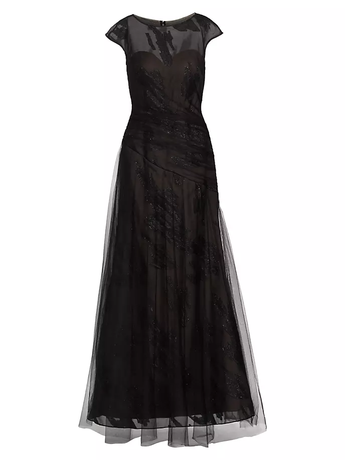 Платье-иллюзия из тюля с вышивкой Rene Ruiz Collection, черный