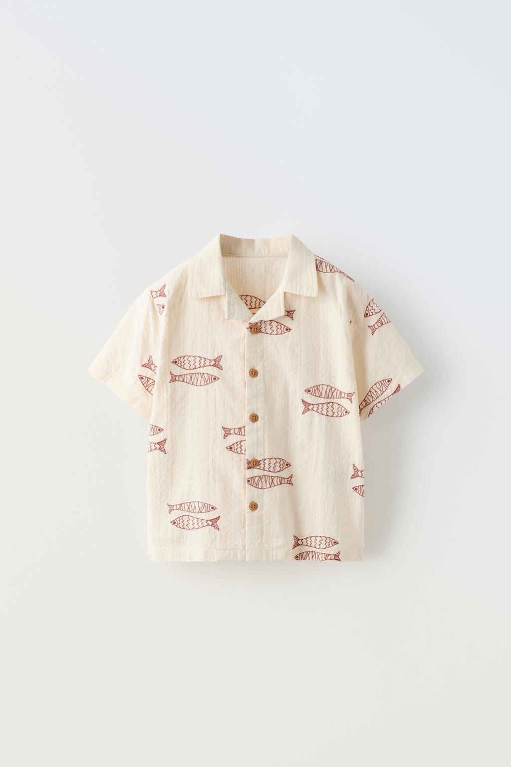 Рубашка с вышивкой рыбы ZARA, экрю фактурная рубашка с вышивкой воротник zara экрю