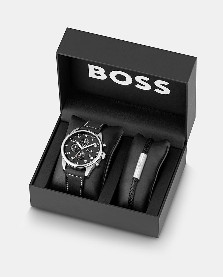 

Giftset 1570154 мужские черные кожаные часы-хронограф и комплект браслета Boss, черный