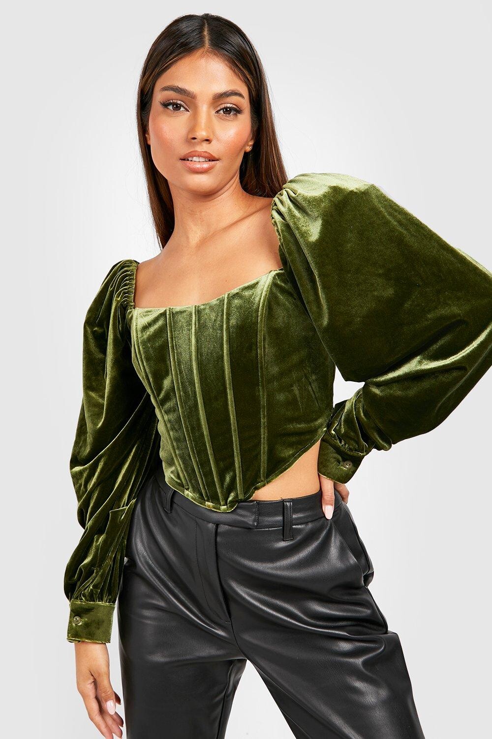 

Бархатный корсетовый топ с бухными рукавами Boohoo, оливковый