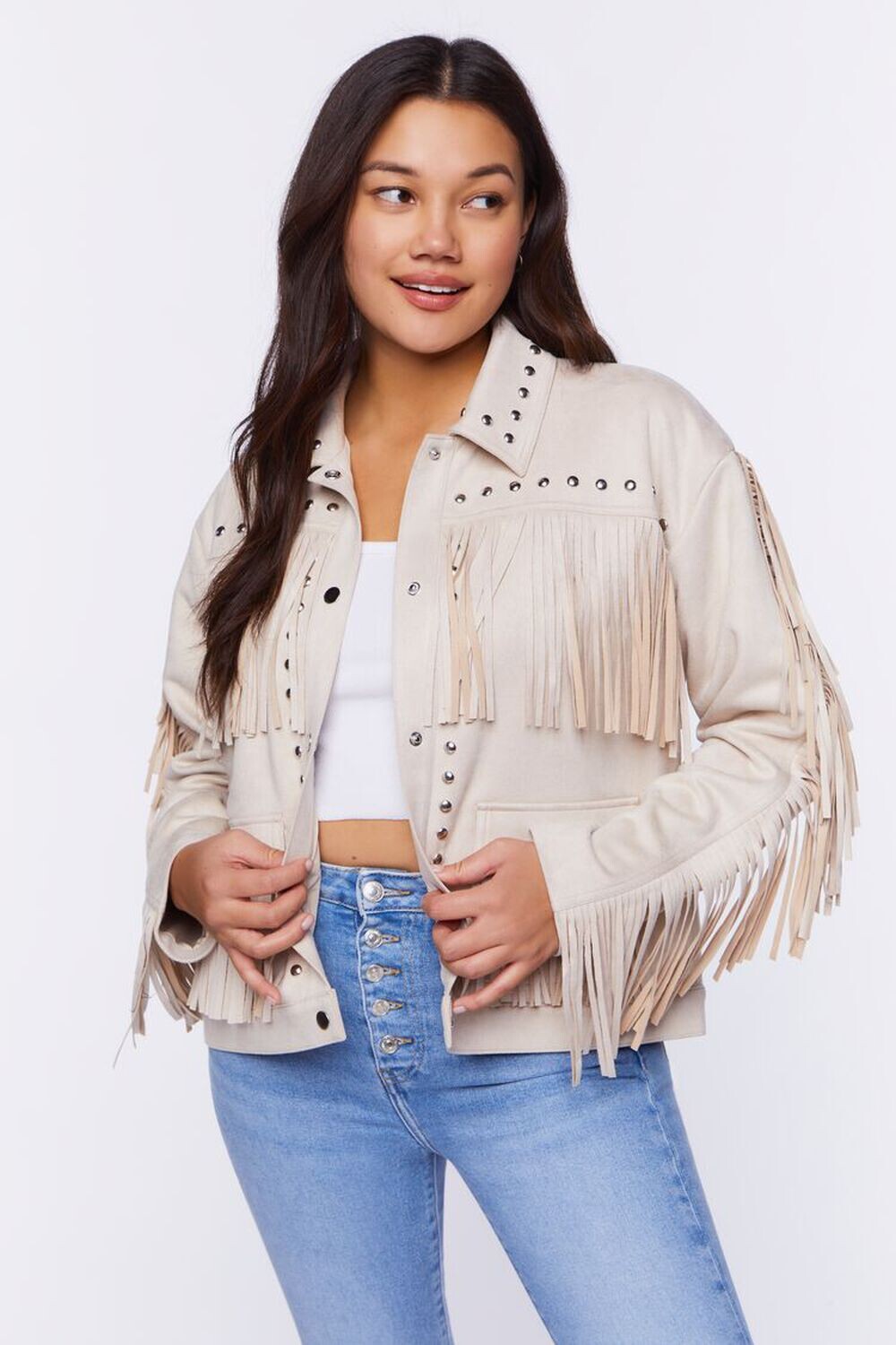 

Куртка Trucker из искусственной замши с бахромой Forever 21, кремовый, Бежевый