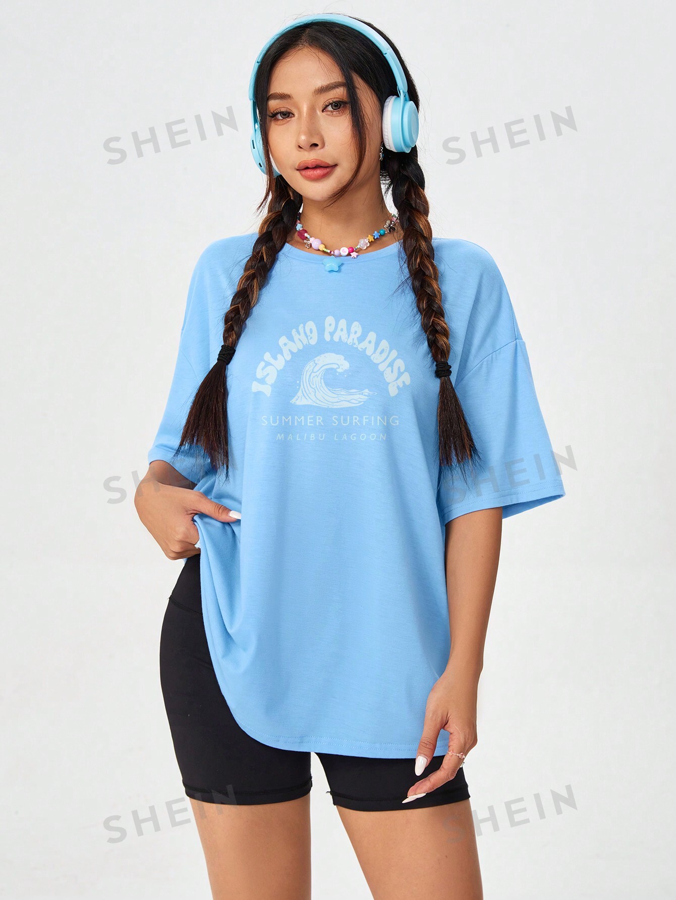 SHEIN EZwear Повседневная женская футболка большого размера с круглым вырезом и короткими рукавами с рисунком животных, синий
