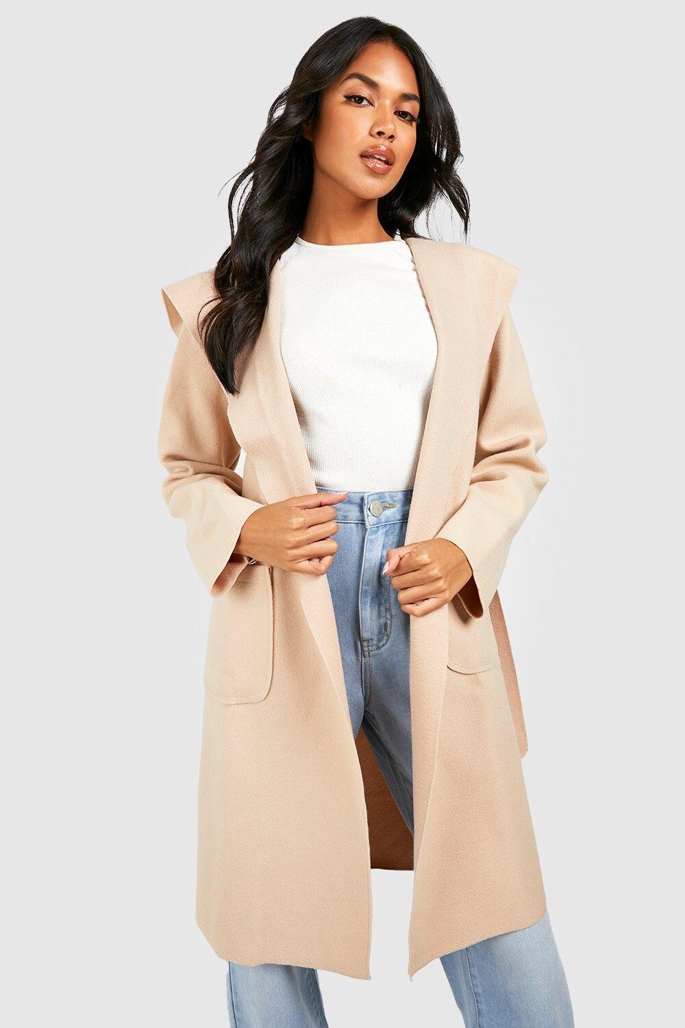 Шерстяное пальто с капюшоном boohoo, бежевый