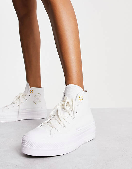 

Белые кроссовки на платформе с цветочной вышивкой Converse Lift Hi, Белый