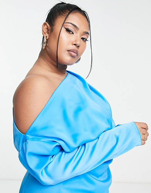 

Синее атласное платье миди с открытыми плечами и защипами ASOS DESIGN Curve, Синий