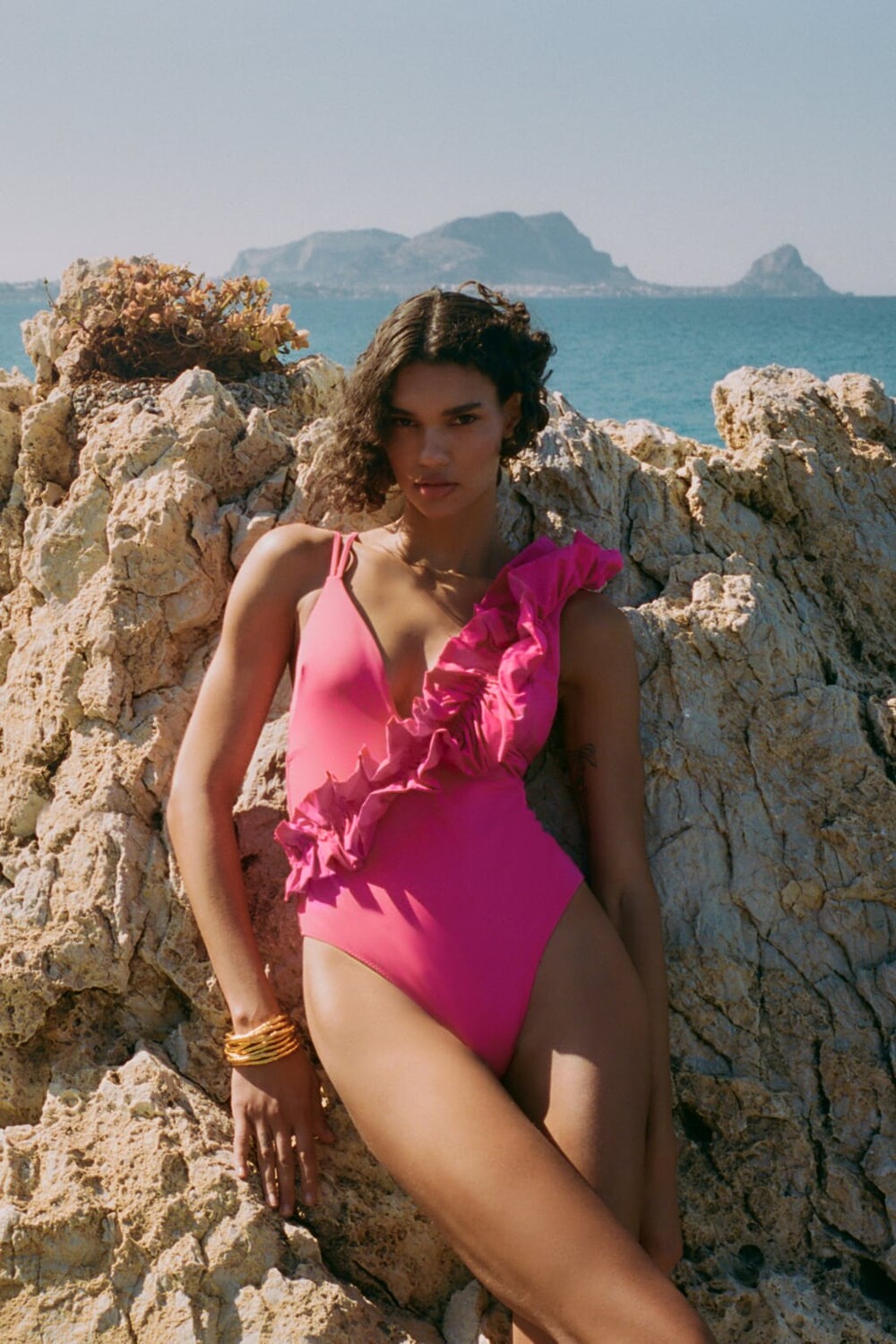 

Купальник с оборками ZARA, фуксия, Розовый