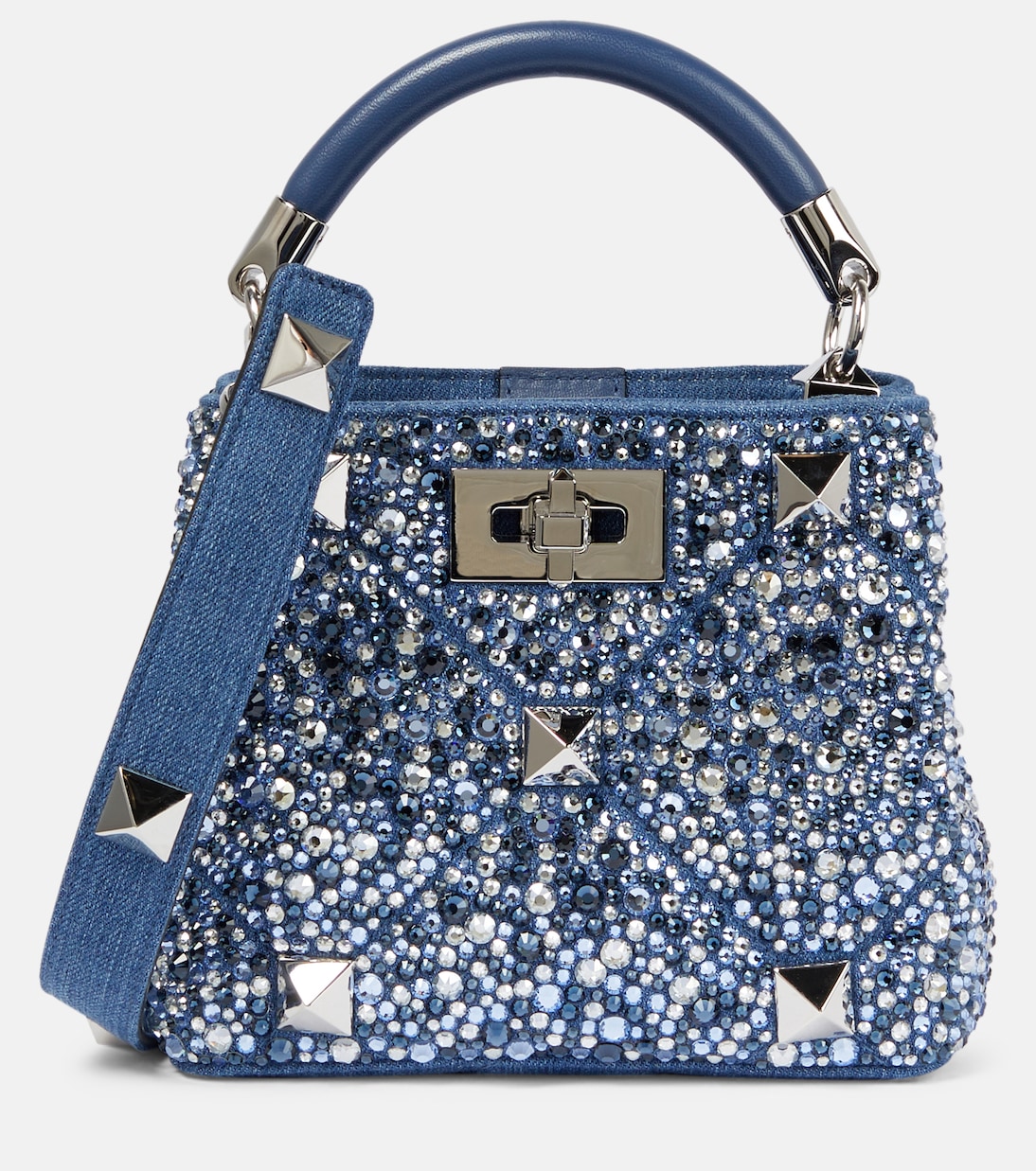 Джинсовая сумка-тоут мини с римскими заклепками и декором Valentino Garavani, синий рубашка valentino silk синий