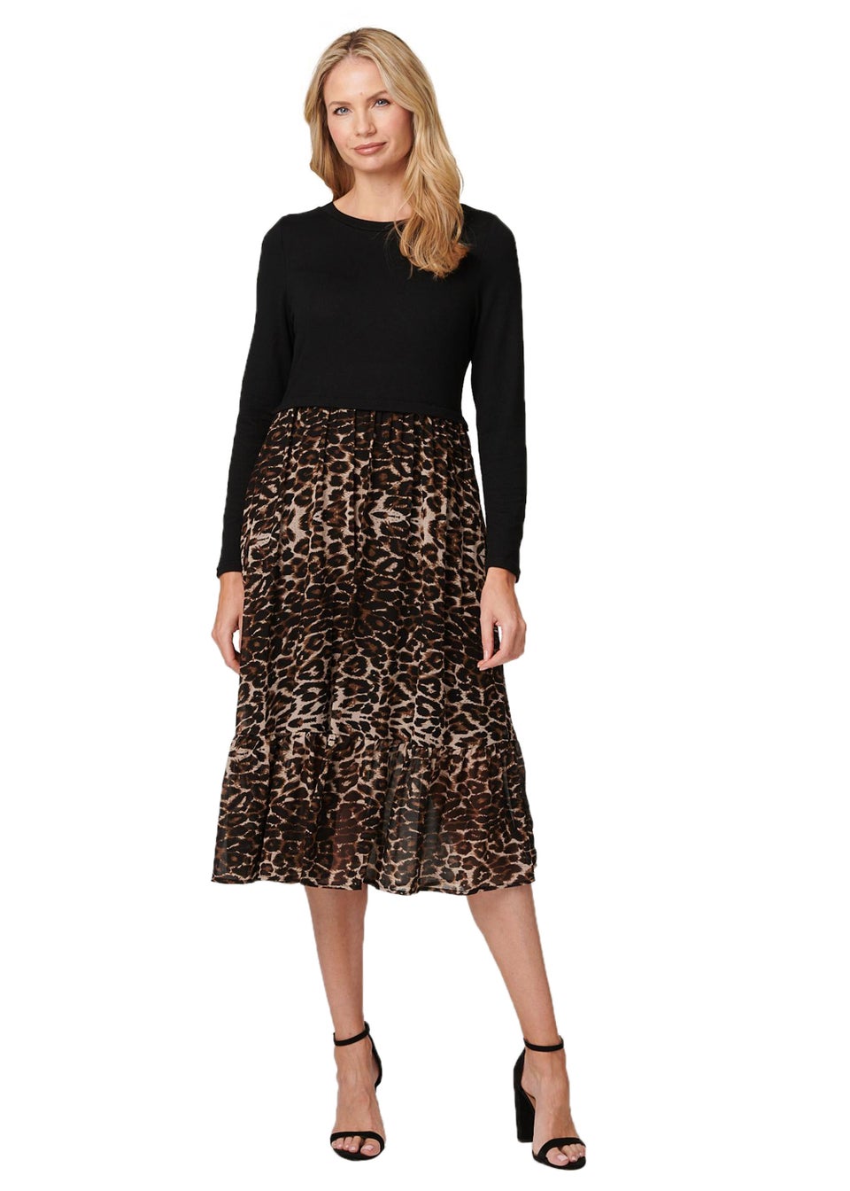 Izabel London Черное ярусное платье миди с леопардовым принтом