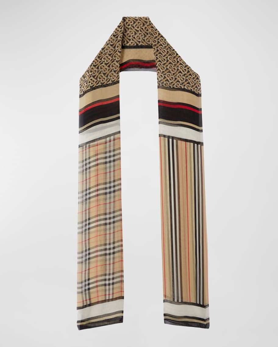 

Шелковый шарф в полоску с тройной клеткой Burberry