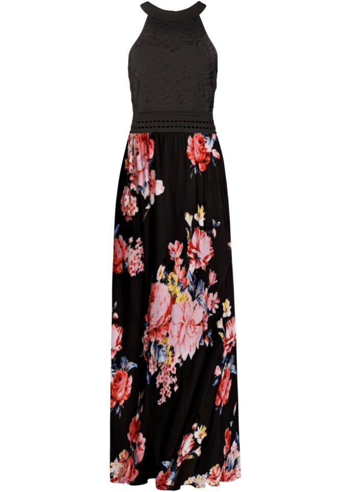 Летнее платье макси с цветочным принтом и кружевом Bodyflirt Boutique, черный женское летнее длинное платье с открытыми плечами и цветочным принтом