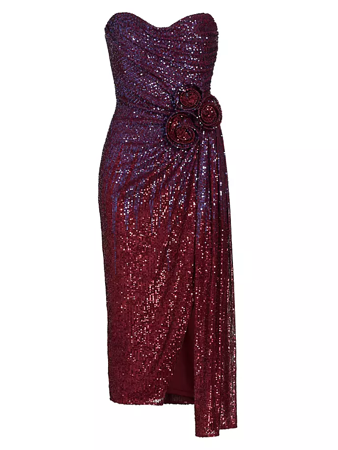

Платье миди без бретелек с розеткой и пайетками Badgley Mischka, цвет wine combo