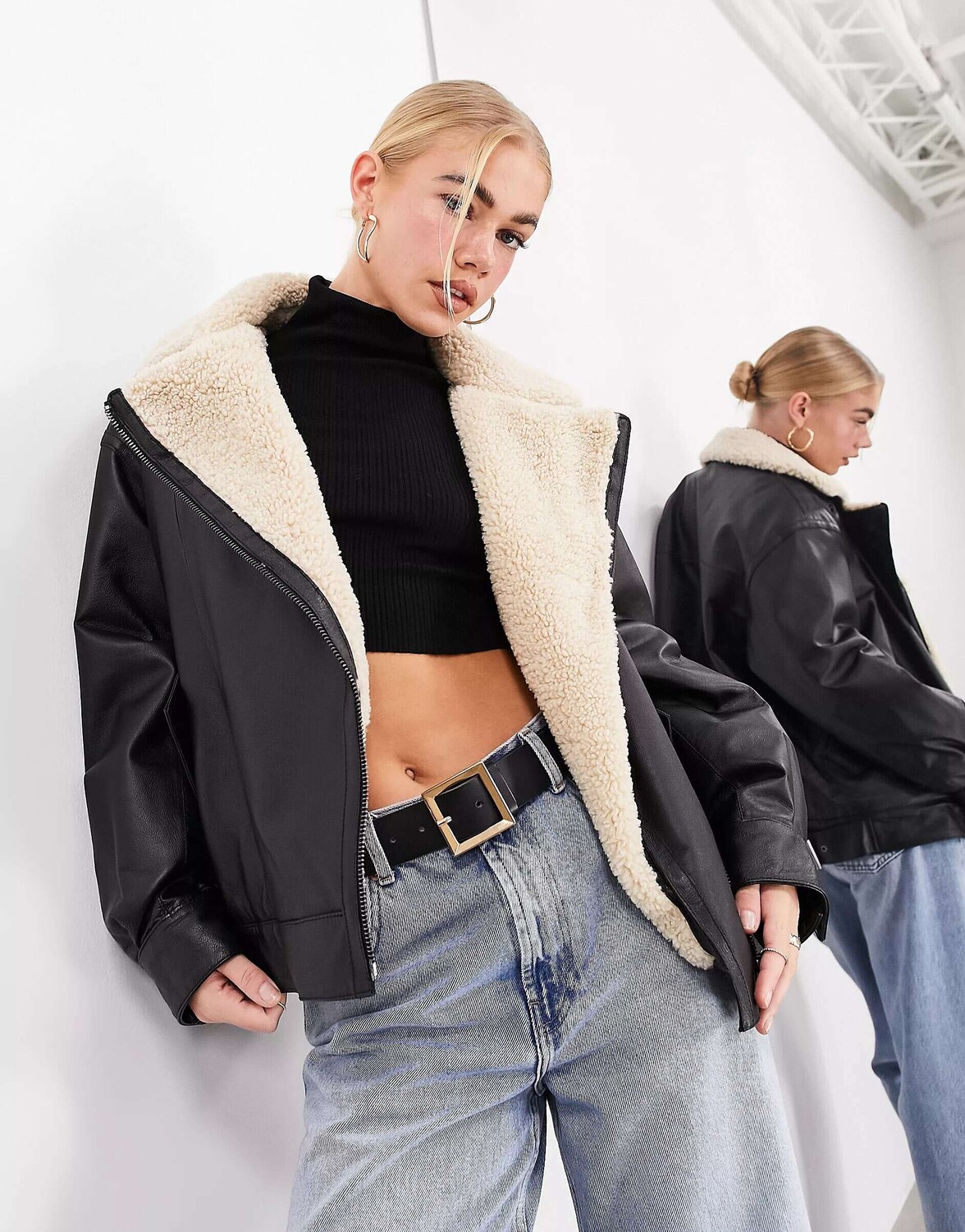 

Черное кожаное пальто-авиатор из натуральной кожи ASOS