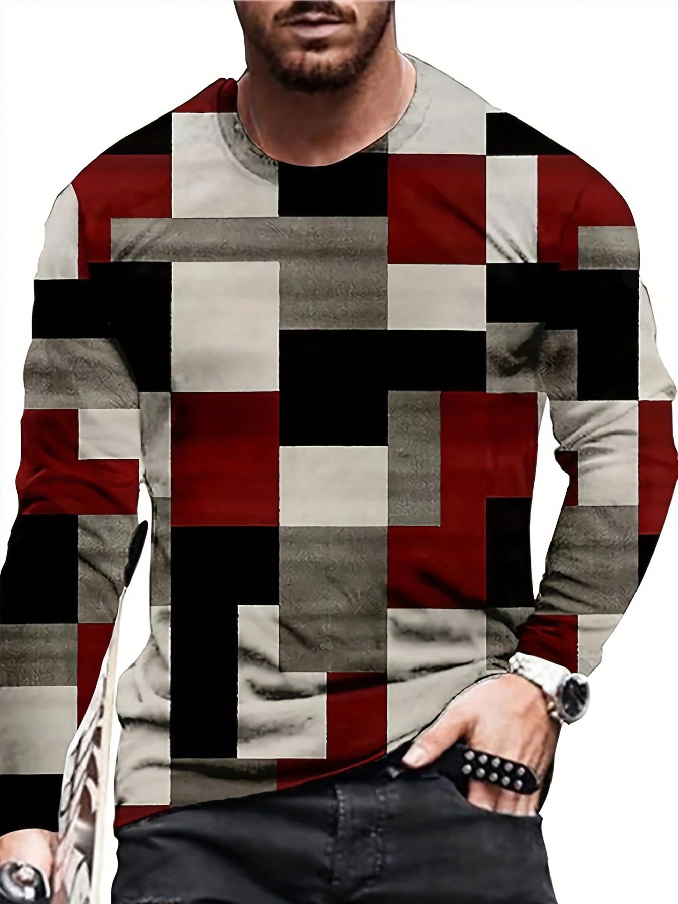 цена Мужская футболка Manfinity LEGND с круглым вырезом и длинными рукавами в стиле пэчворк с цветовым сочетанием, многоцветный