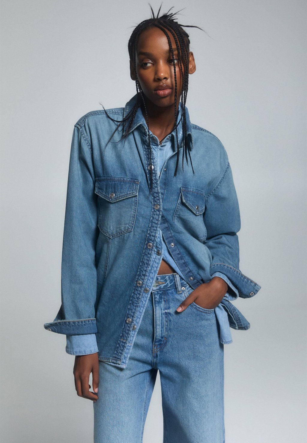 

Блузка-рубашка PULL&BEAR, цвет stone blue denim