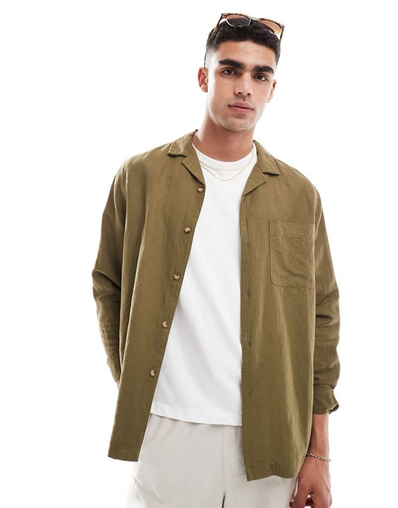 

Свободная льняная рубашка цвета хаки с накладным карманом ASOS DESIGN