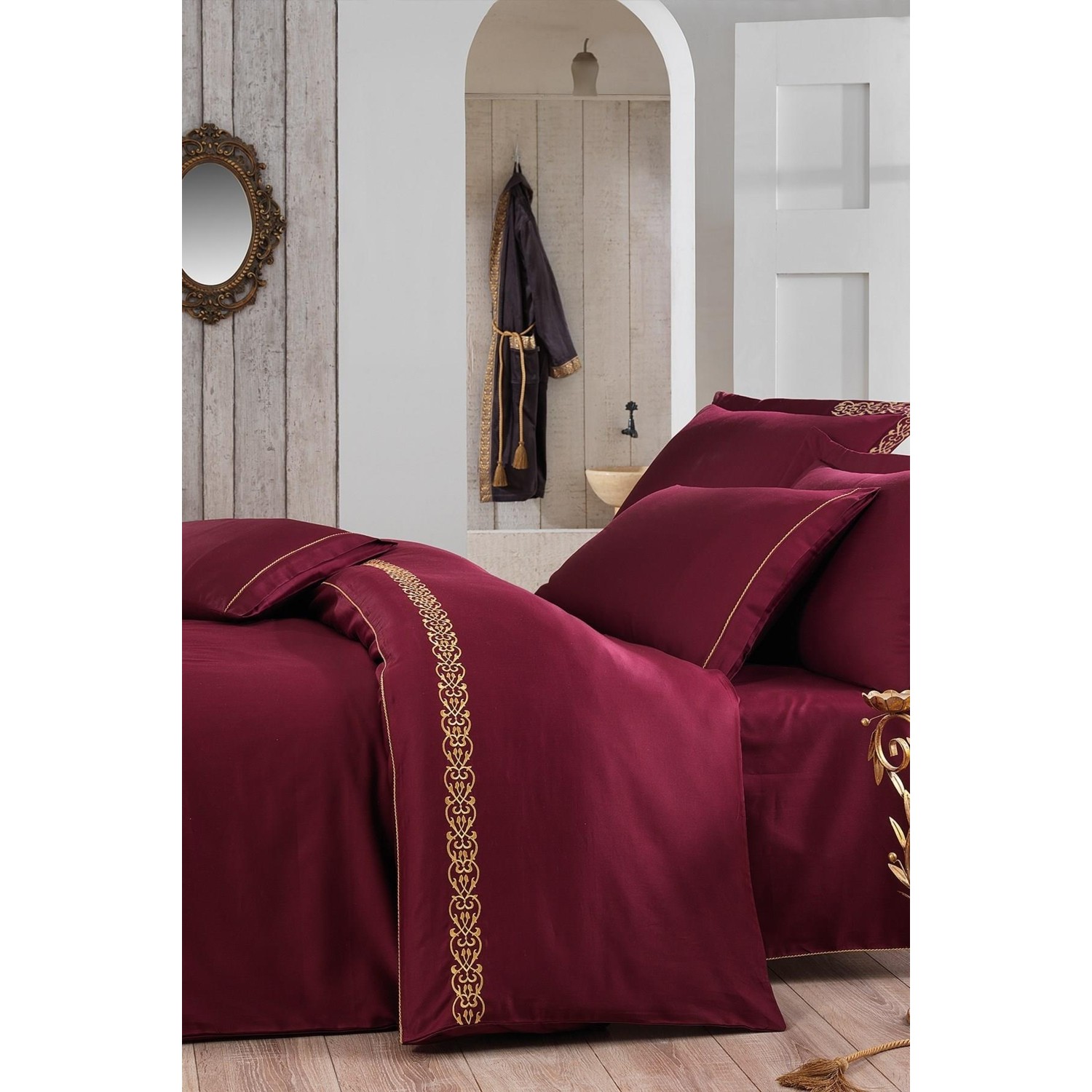 Комплект постельного белья Sehzade Battal из экокотона, 100% органический хлопок, атлас, бордовый красный с вышивкой, 220X240 см