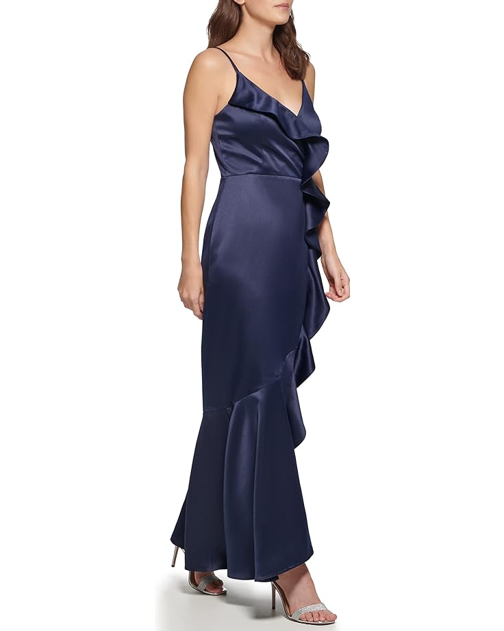 Платье DKNY Sleeveless Ruffled V-Neck Gown, темно-синий