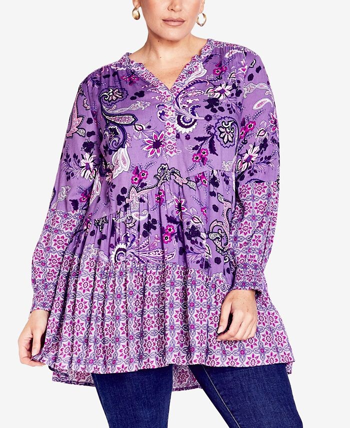 

Топ-туника больших размеров Cynthia Splice с длинными рукавами Avenue, цвет Purple Paisley Swirl