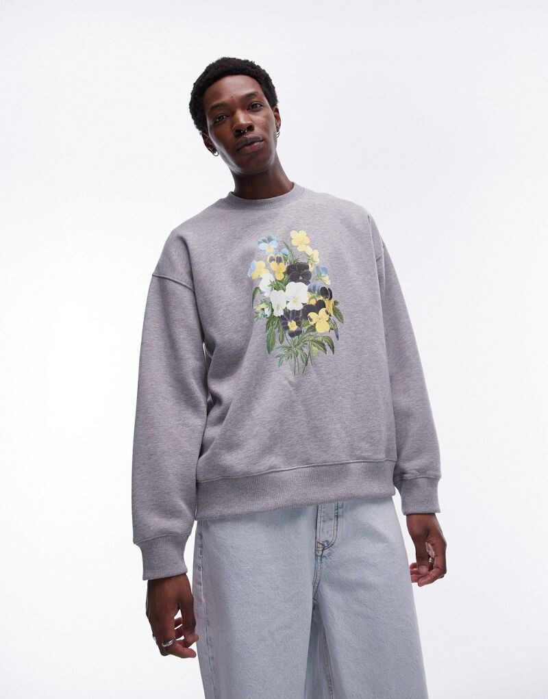 Серый меланжевый свитшот оверсайз с цветочной вышивкой Topman