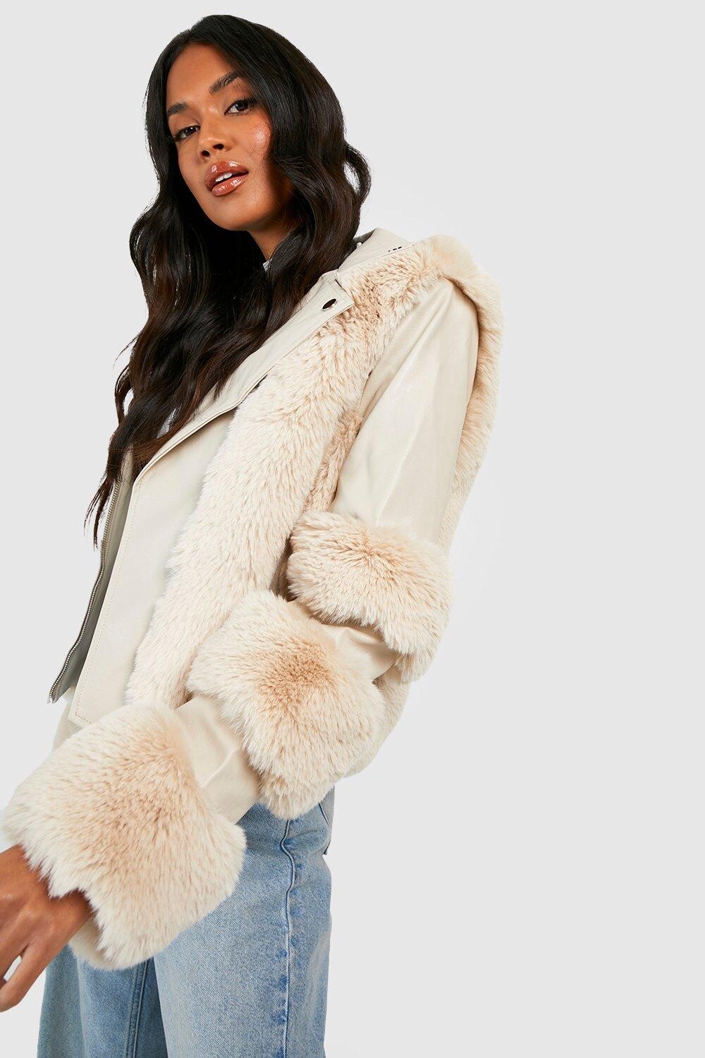 

Мотокуртка с отделкой искусственного меха Boohoo, бежевый