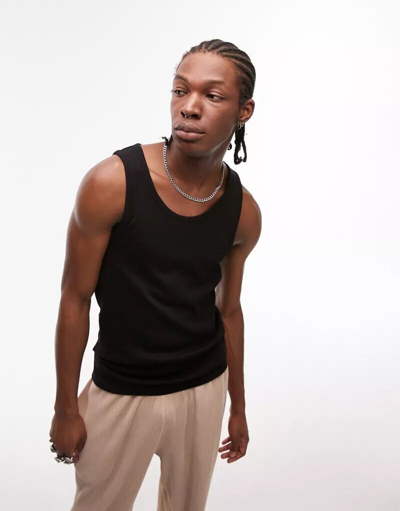 

Черная футболка без рукавов в рубчик Topman