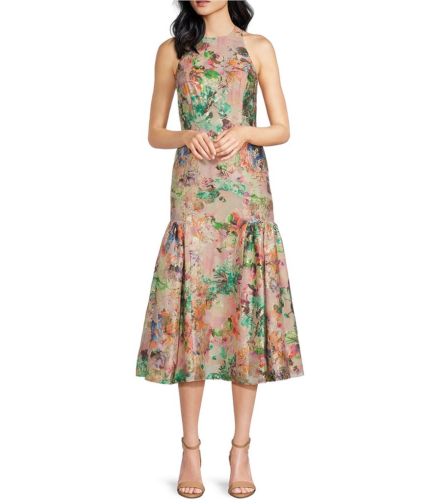 Жаккардовое платье миди без рукавов с круглым вырезом и металлическим оттенком Aidan Mattox, цветочный
