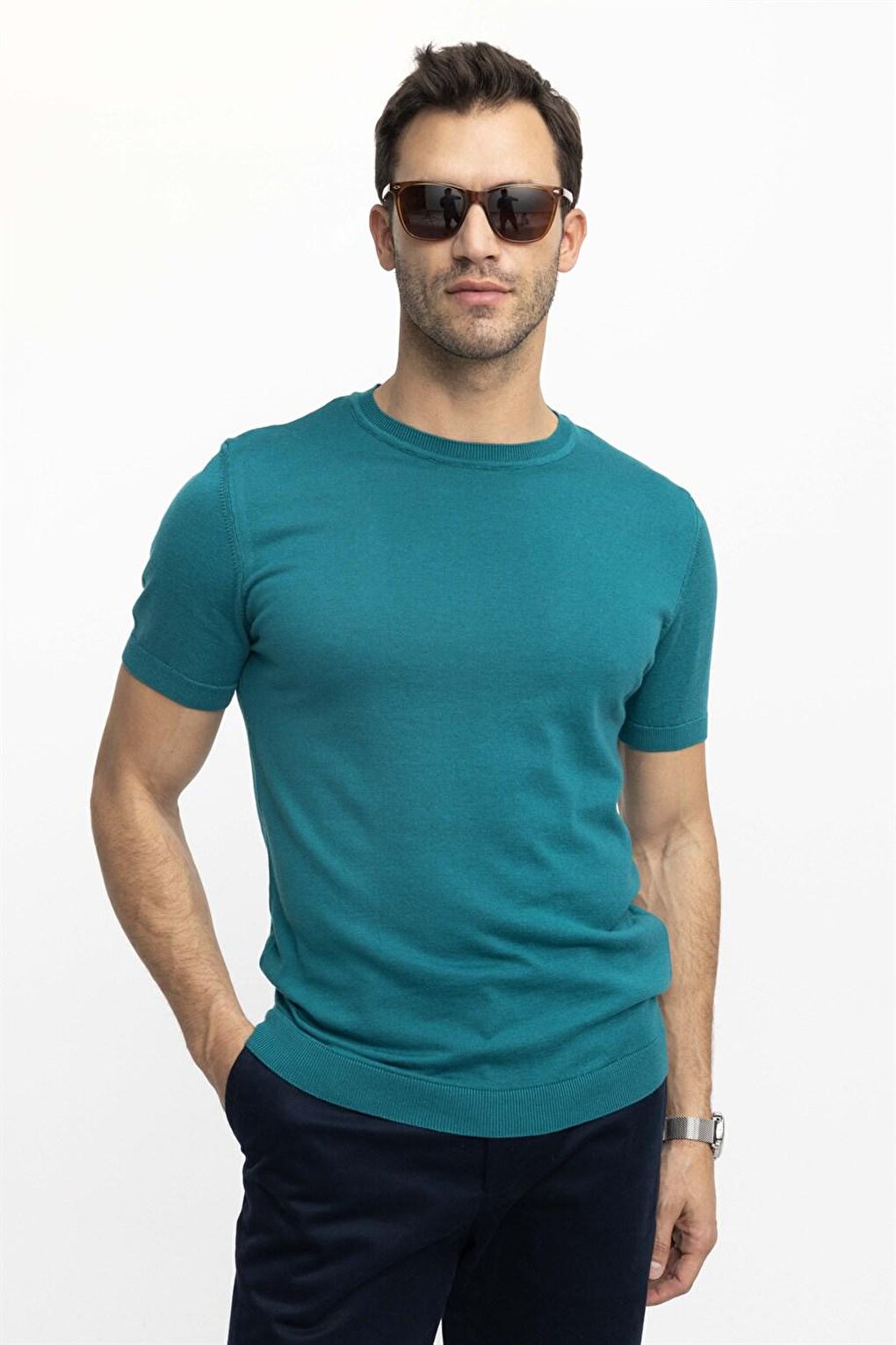 Мужская приталенная хлопковая трикотажная футболка с круглым вырезом зеленая футболка TUDORS