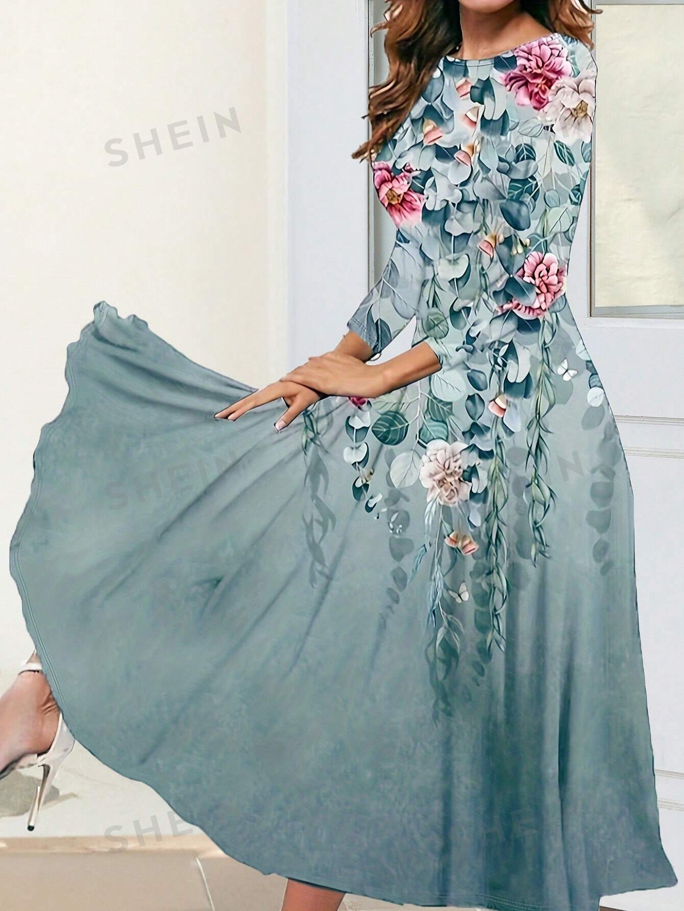 Платье омбре с цветочным растительным принтом, многоцветный свободное женское платье с круглым вырезом длинным рукавом и цветочным принтом с карманами литературное женское платье средней длины из